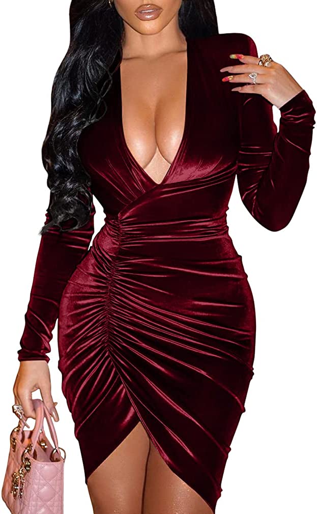 Women's Sexy Long Sleeve V Neck Cocktail Dress