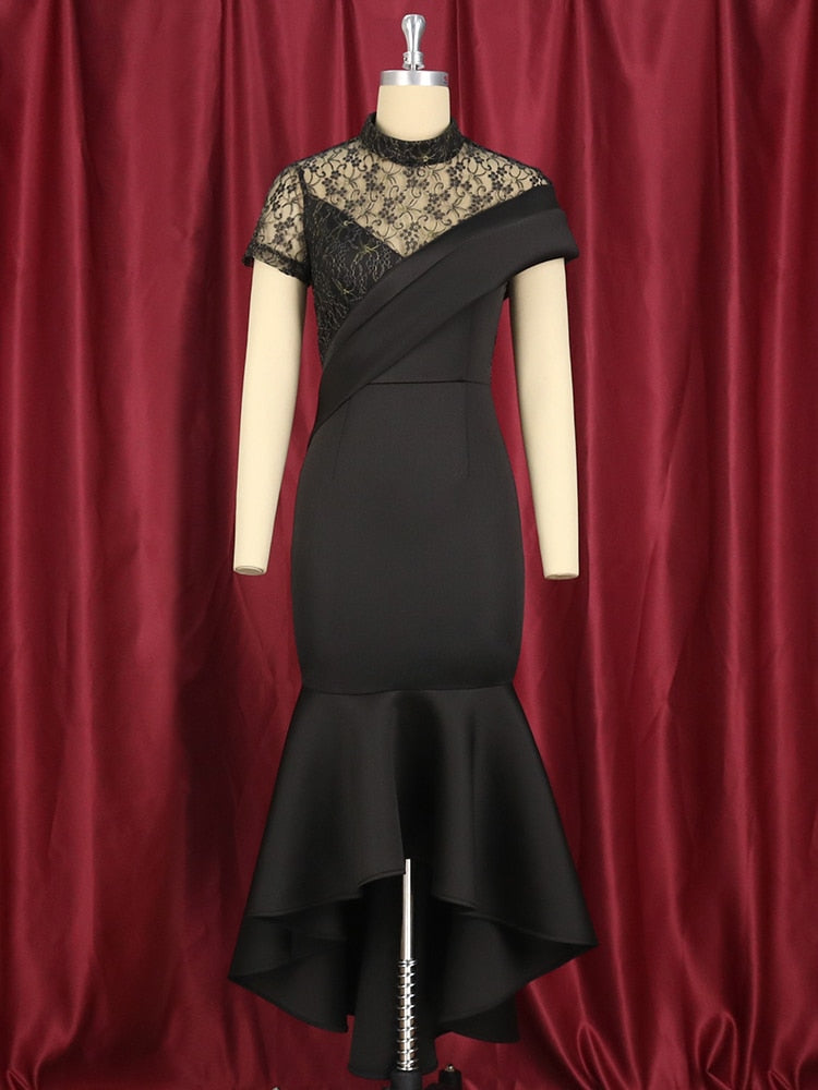Black Lace Sheer Sleeves Slim See Through Mermaid Gown