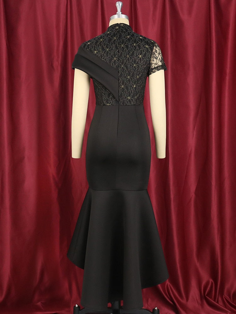 Black Lace Sheer Sleeves Slim See Through Mermaid Gown