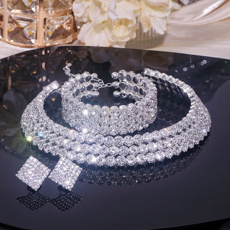 Rhinestone Crystal Choker Necklace Earrings And Bracelet Set