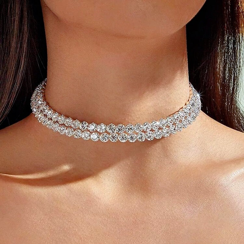 Rhinestone Crystal Choker Necklace Earrings And Bracelet Set