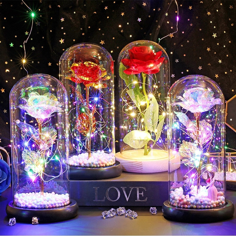 Led Rose Eternal Artificial Flower With Dome Fairy String Lights