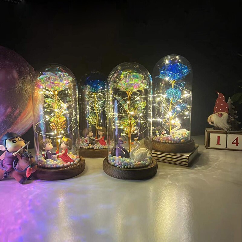 Led Rose Eternal Artificial Flower With Dome Fairy String Lights