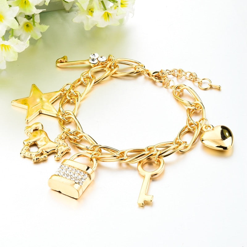 Love Satr and Lock Key Charm Bracelet