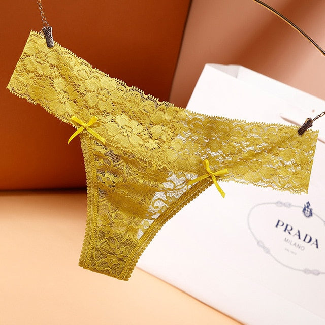 Sexy Women Panties Underwear Bow Floral Lace Briefs. Transparent Soft Low-waist Hollow Lingerie.