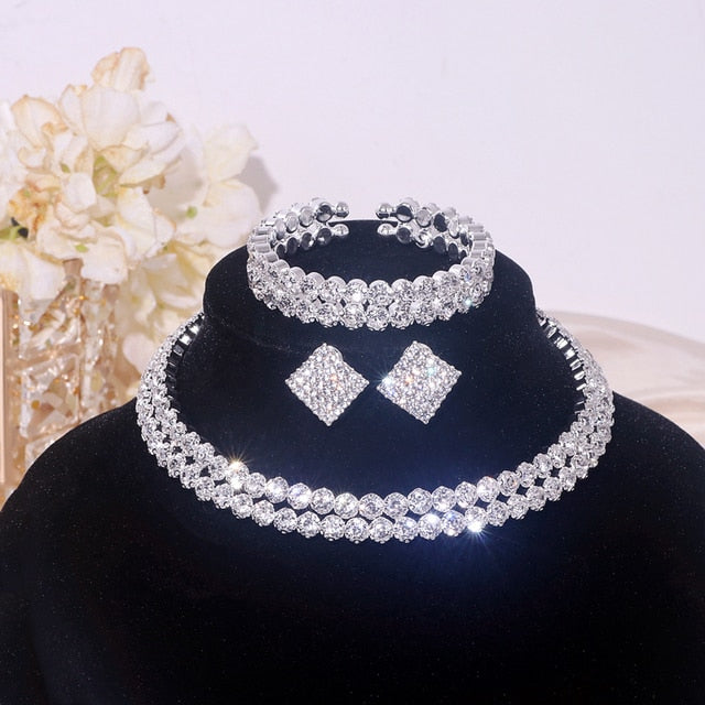 Rhinestone Crystal Choker Necklace Earrings And Bracelet Set