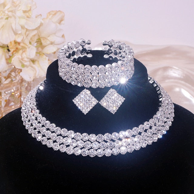 Rhinestone Crystal Choker Necklace Earrings And Bracelet Set
