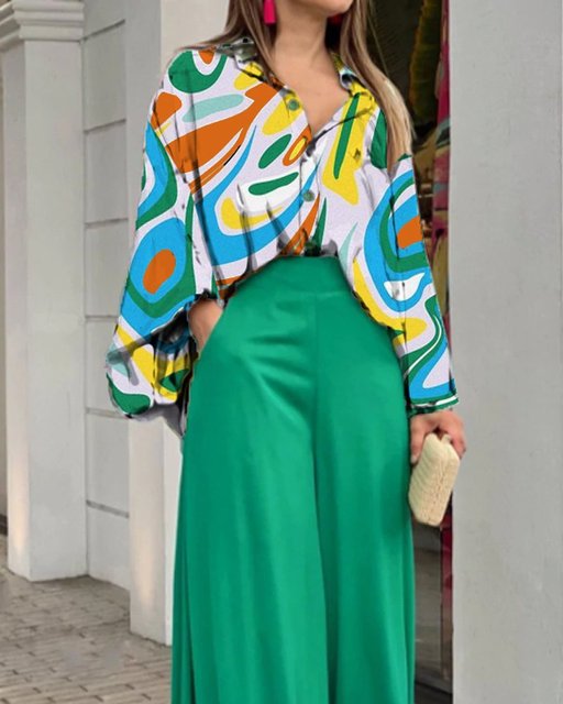 New Printed Lapel Shirt With High Waist And Wide Leg Two Piece Set