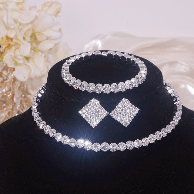 Rhinestone Crystal Choker Necklace Earrings And Bracelet Set