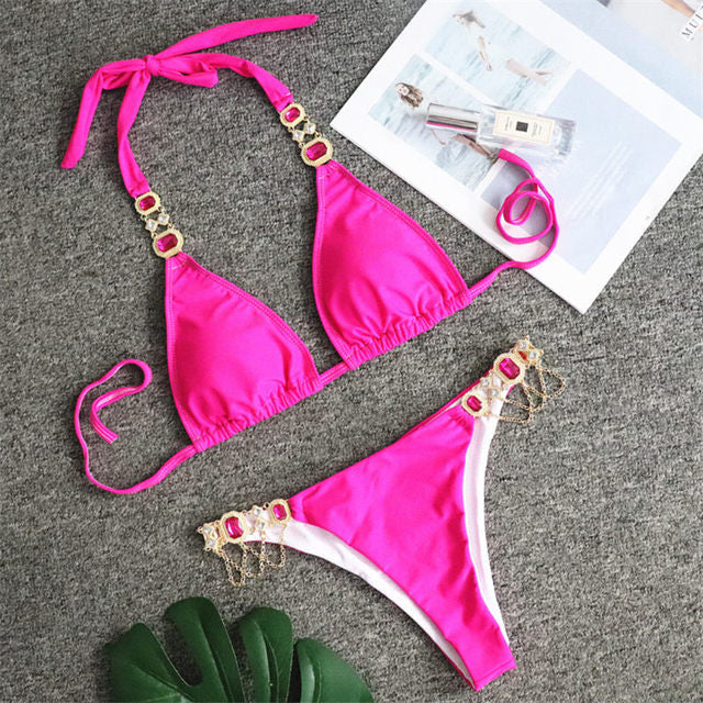 Rhinestone Metal Chain Bikini