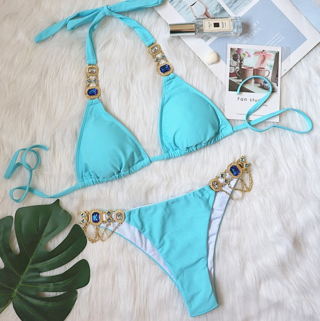 Rhinestone Metal Chain Bikini