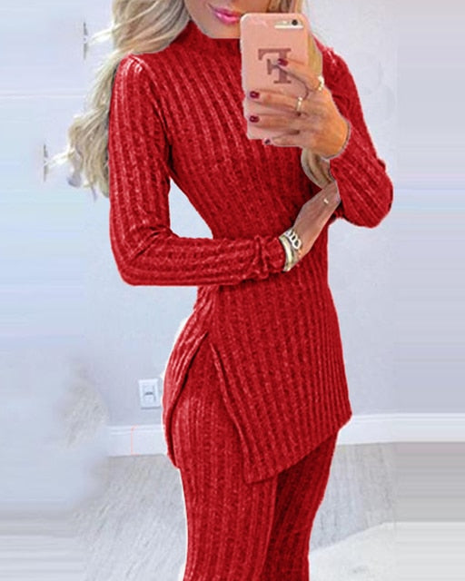 Knitted 2 Piece Suits Women Long Sleeve Top And High Waist Pencil Pants