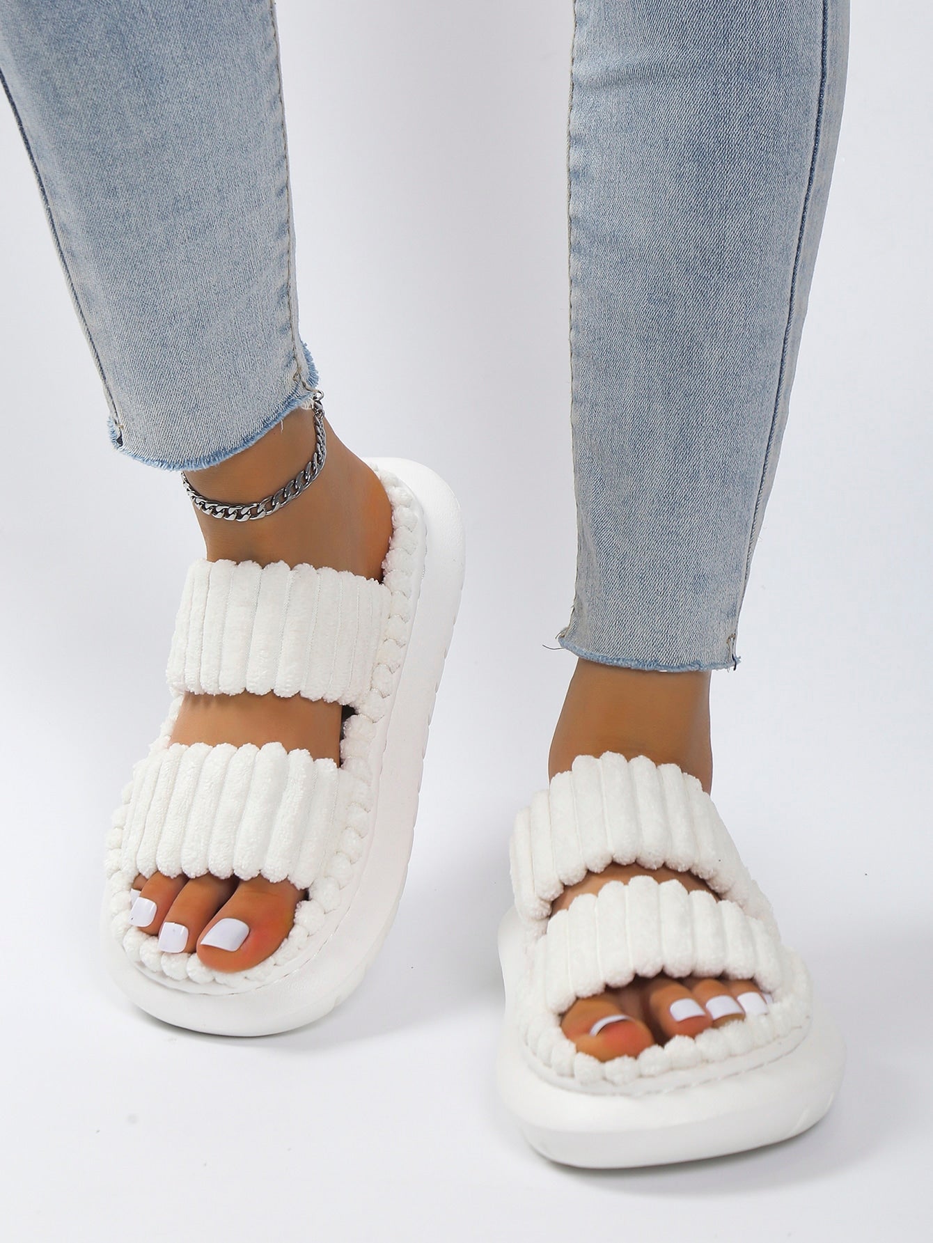 Women White Minimalist Fuzzy Bedroom Slippers Miyah s Mega