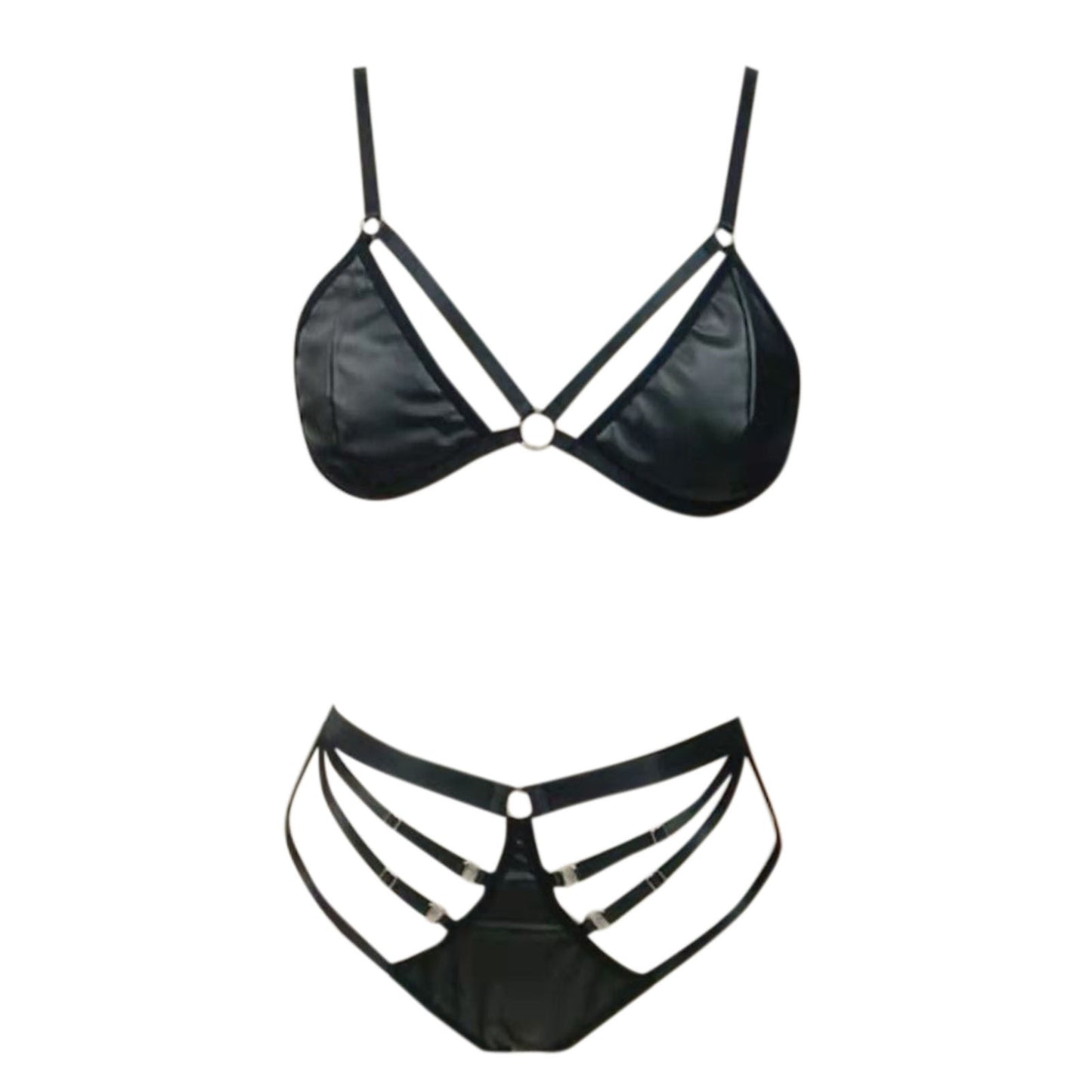 Leather Like Sexy Lingerie Black Two Piece Exotic Set