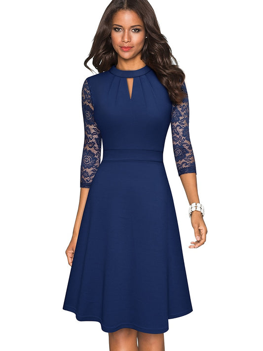 Solid Lace Patchwork Retro Dress