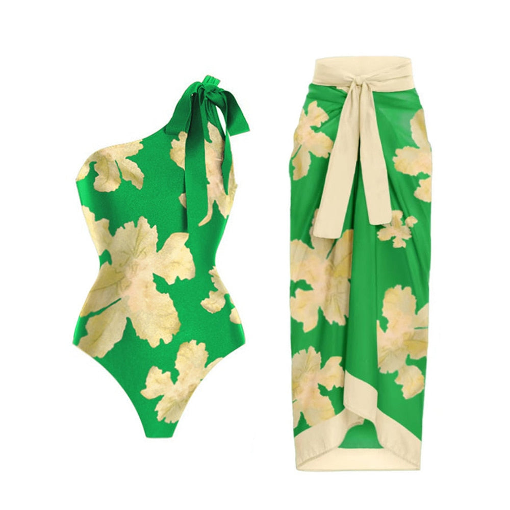 One Shoulder Strap Printed Bow Swimsuit