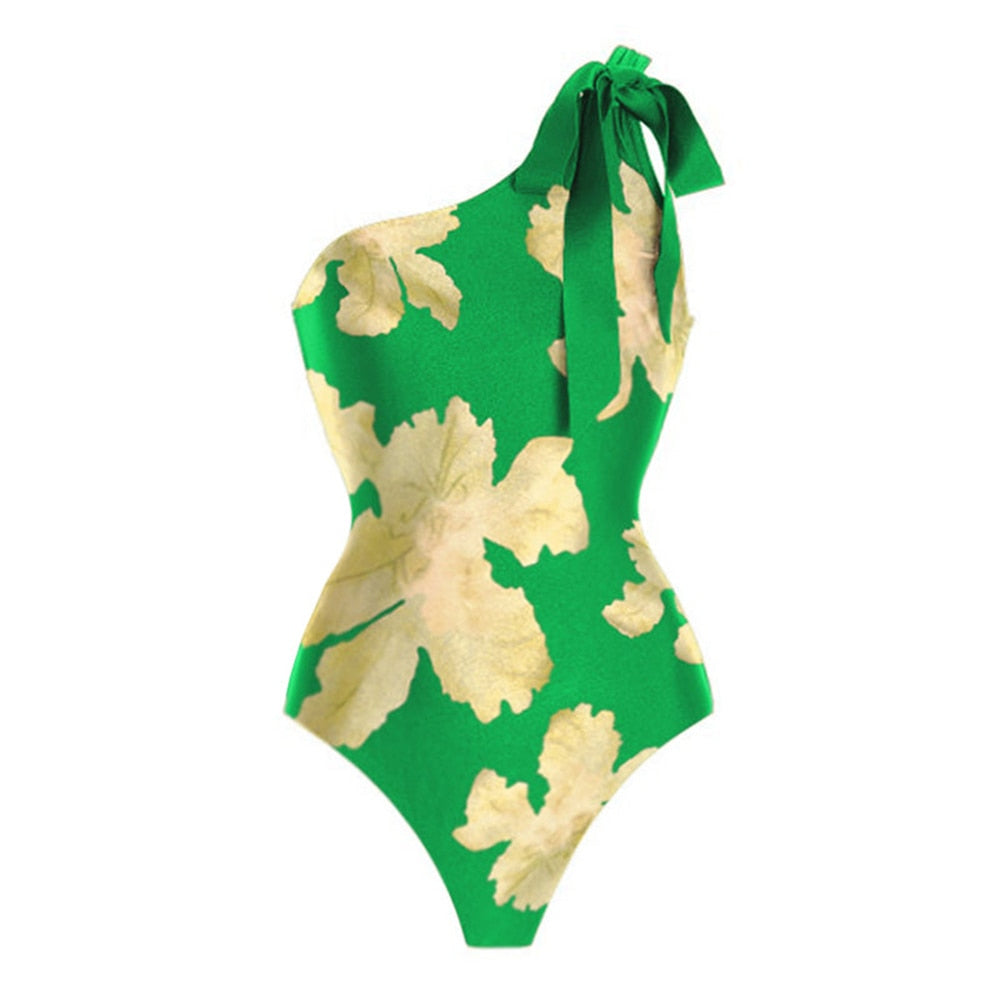 One Shoulder Strap Printed Bow Swimsuit