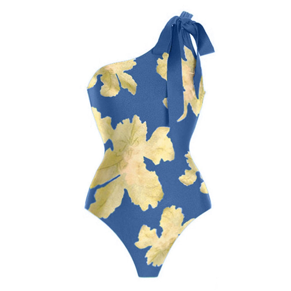 One Shoulder Strap Printed Bow Swimsuit