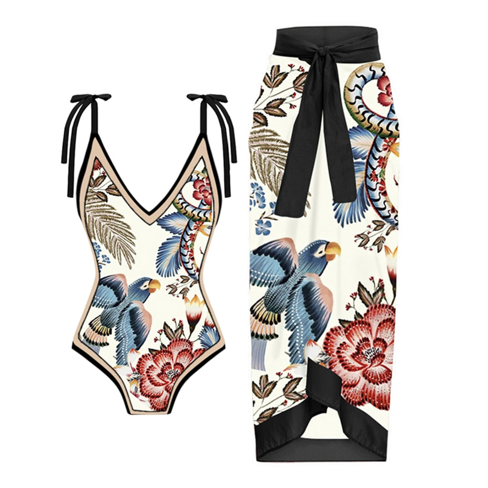Floral Print One Piece Swimsuit Set