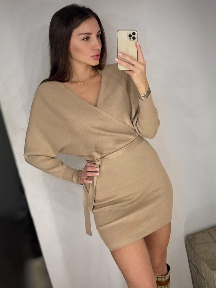 Knitted Sweater Dress with Batwing Sleeves