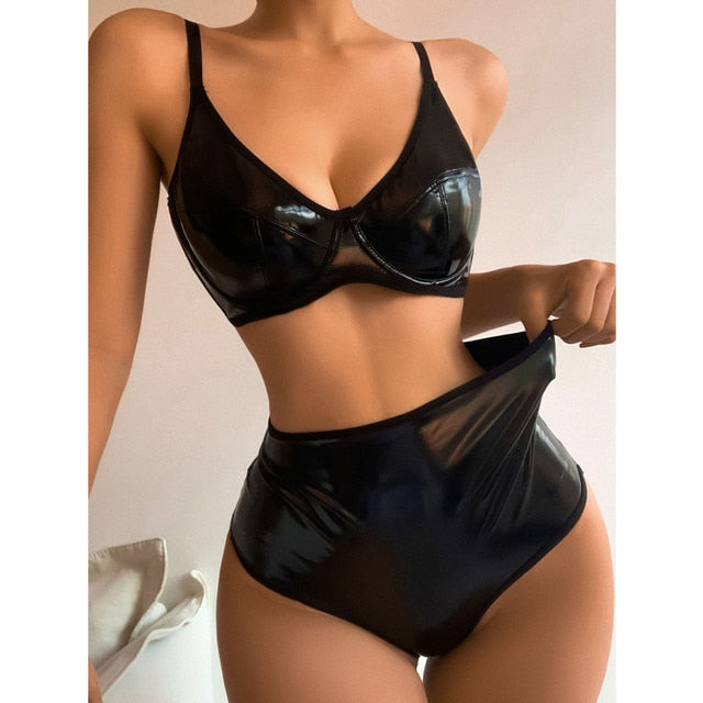 Leather Like Sexy Lingerie Black Two Piece Exotic Set