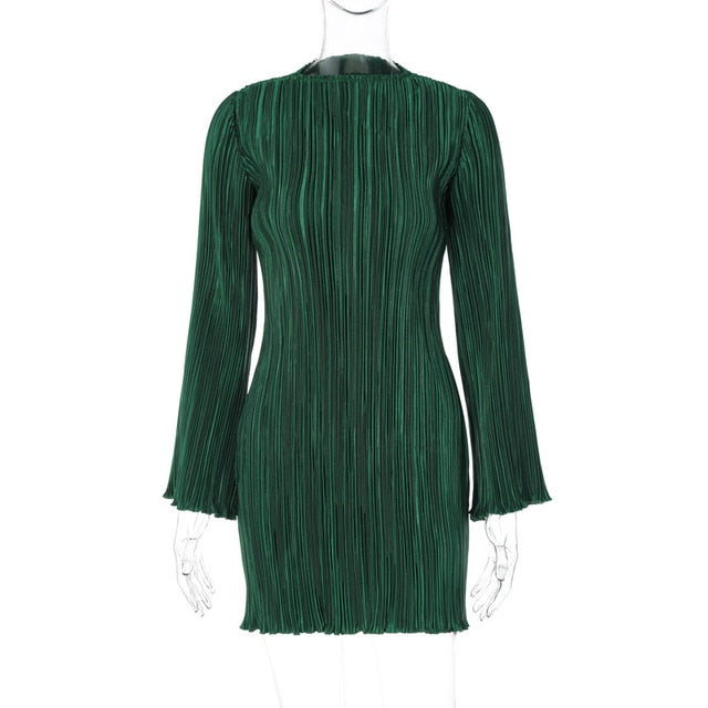 Flare Long Sleeve Pleated Mini Dress