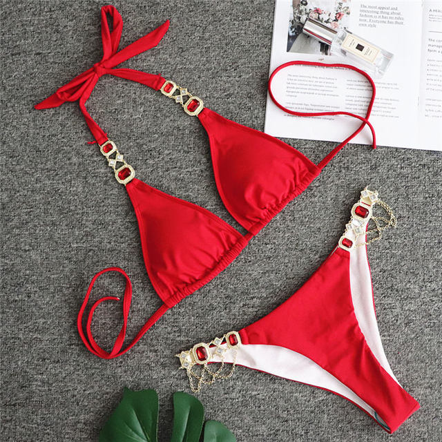 Rhinestone Metal Chain Bikini