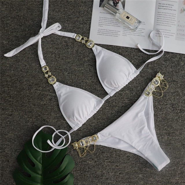 Rhinestone Metal Chain Bikini