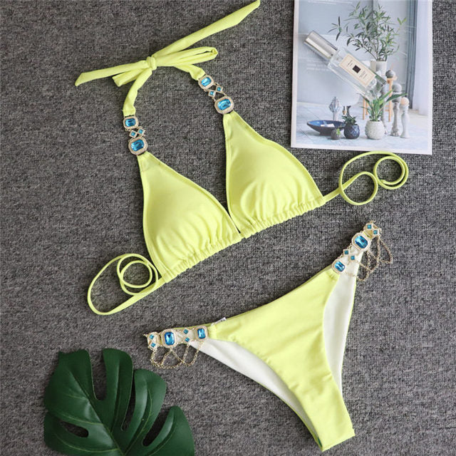 Rhinestone Metal Chain Bikini