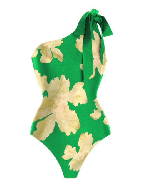 One Shoulder Strap Printed Bow Swimsuit